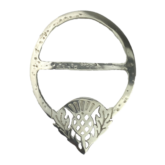 Pewter scarf ring with single thistle design at the bottom