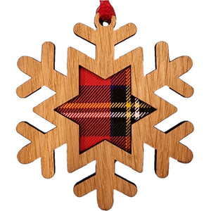 Snowflake Hanging Plaque on an oak veneered surround and a Royal Stewart tartan background