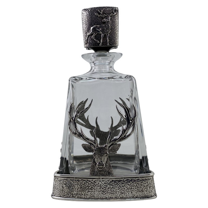 Glass Decanter Set with Silver Stag and Thistle Design