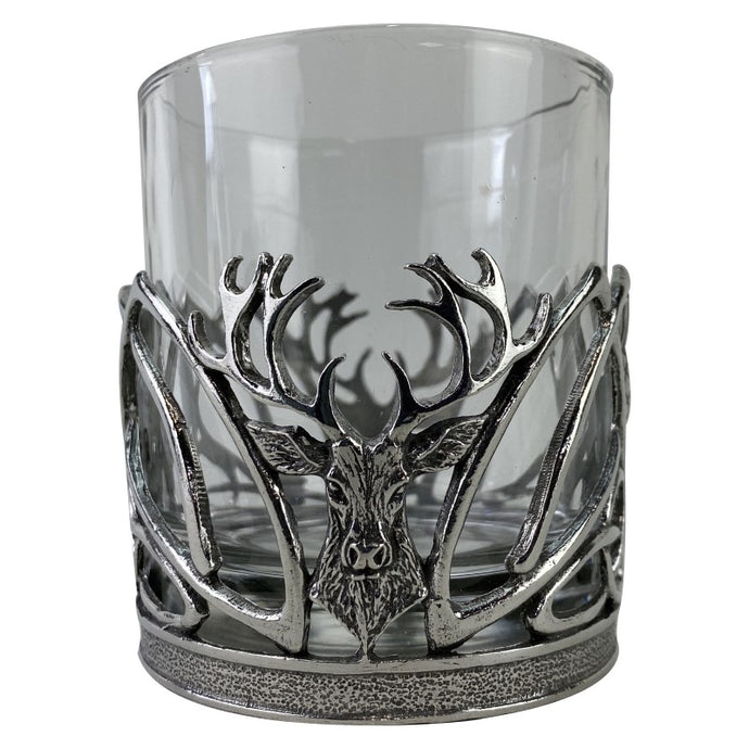 Glass Whisky Tumber Glass with pewter Stag Design
