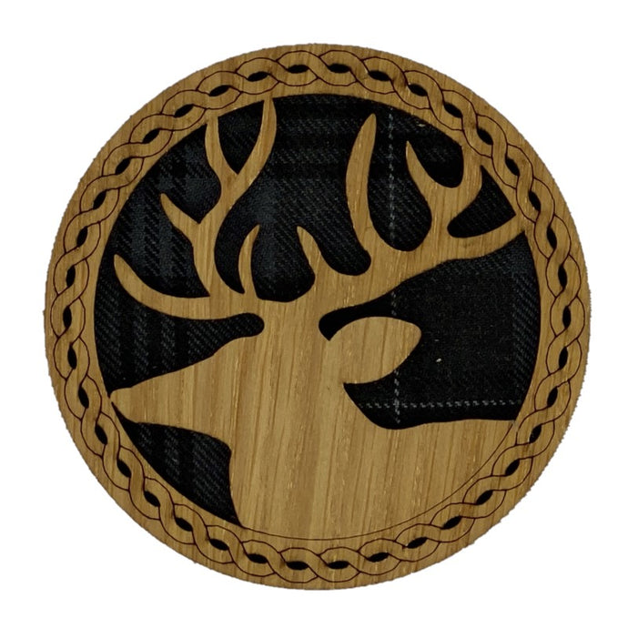 Round Wooden Coaster with tartan background and wooden stag design