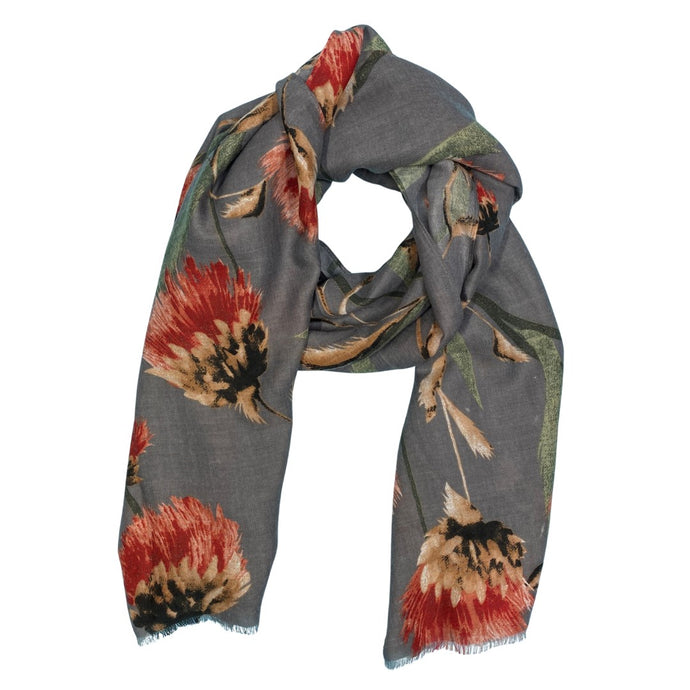 Grey Polyester Scarf with Thistle Design