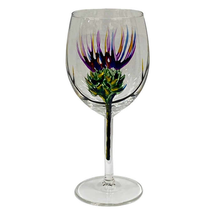 Wine Glass with blue and green hand painted thistle design