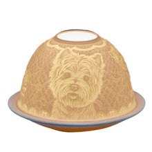 Load image into Gallery viewer, white candle holder with westie face engraved design homeware gift
